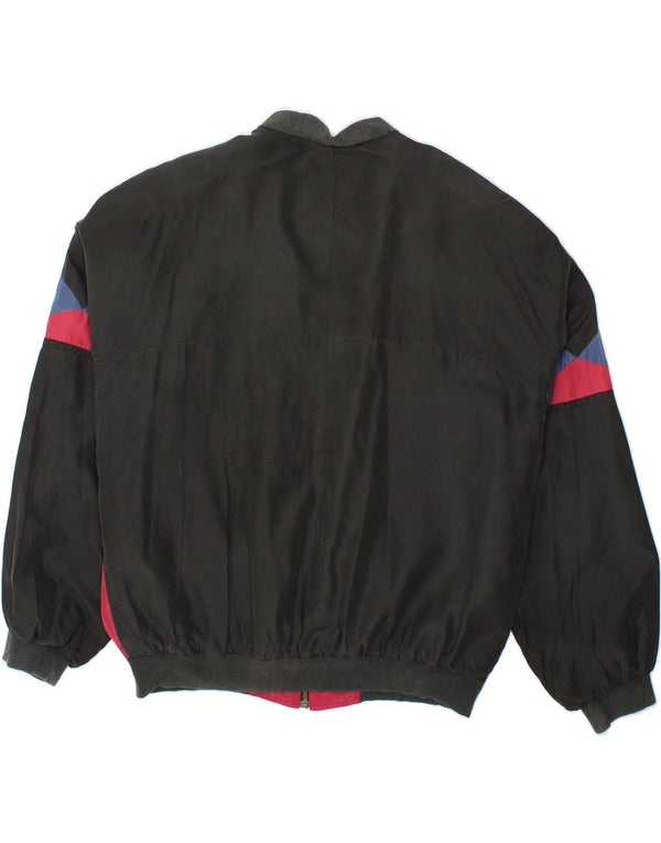 VINTAGE Loose Fit Bomber Jacket UK 38 Medium Sort Geometrisk Silke