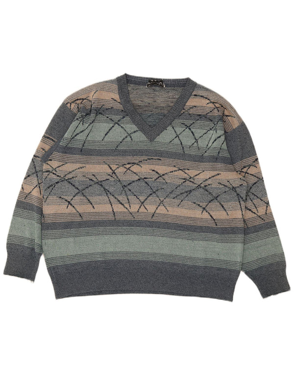 Vintage herre V-hals sweater XL flerfarvet stribet