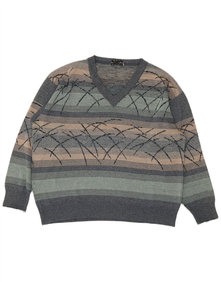 Vintage herre V-hals sweater XL flerfarvet stribet