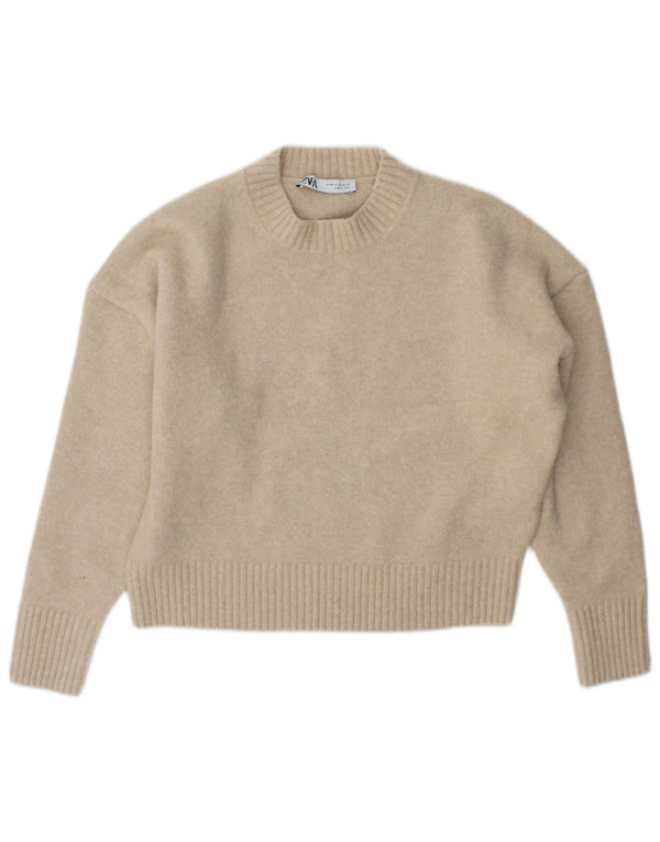 Zara Womens Crop Oversized Crew Neck Jumper Sweater UK 6 XS Beige Acrylic