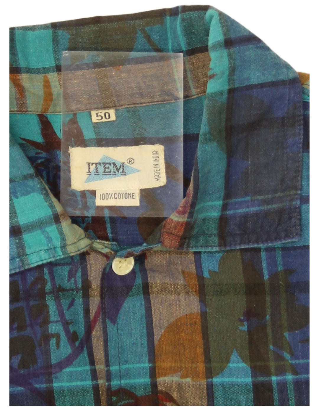 Vintage kortærmet herreskjorte EU 50 Medium Blue Ternet Bomuld