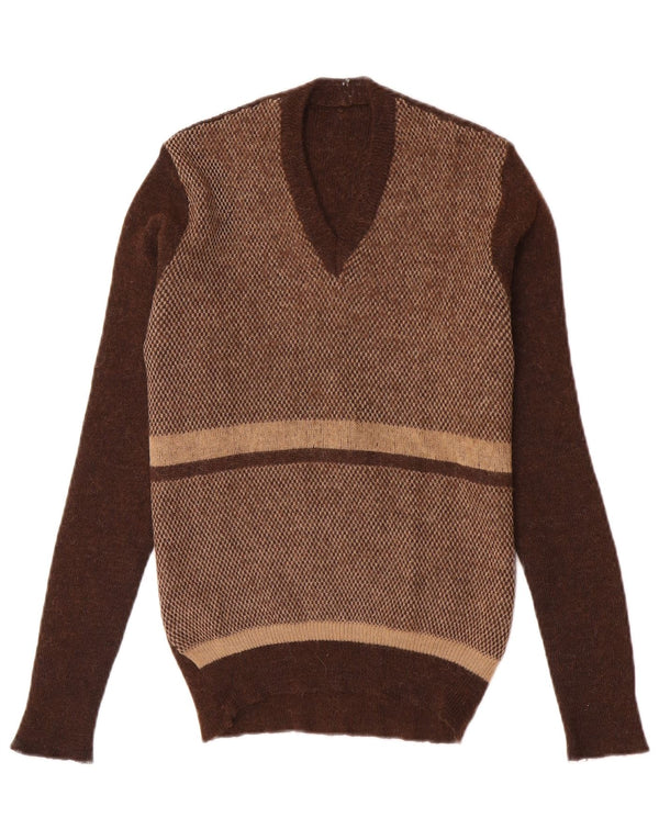 Vintage Dame V-hals sweater UK 10 Small Brown Colourblock