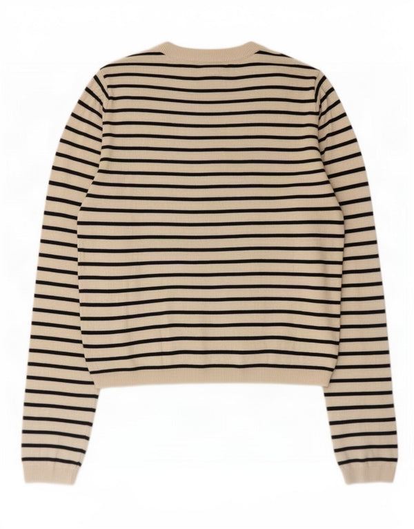 Zara Womens Crop Crew Neck Jumper Sweater UK 10 Small White Striped Viscose