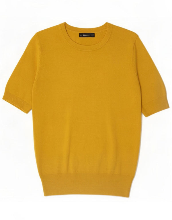 Zara Womens Short Sleeve Crew Neck Jumper Sweater UK 12 Medium Yellow