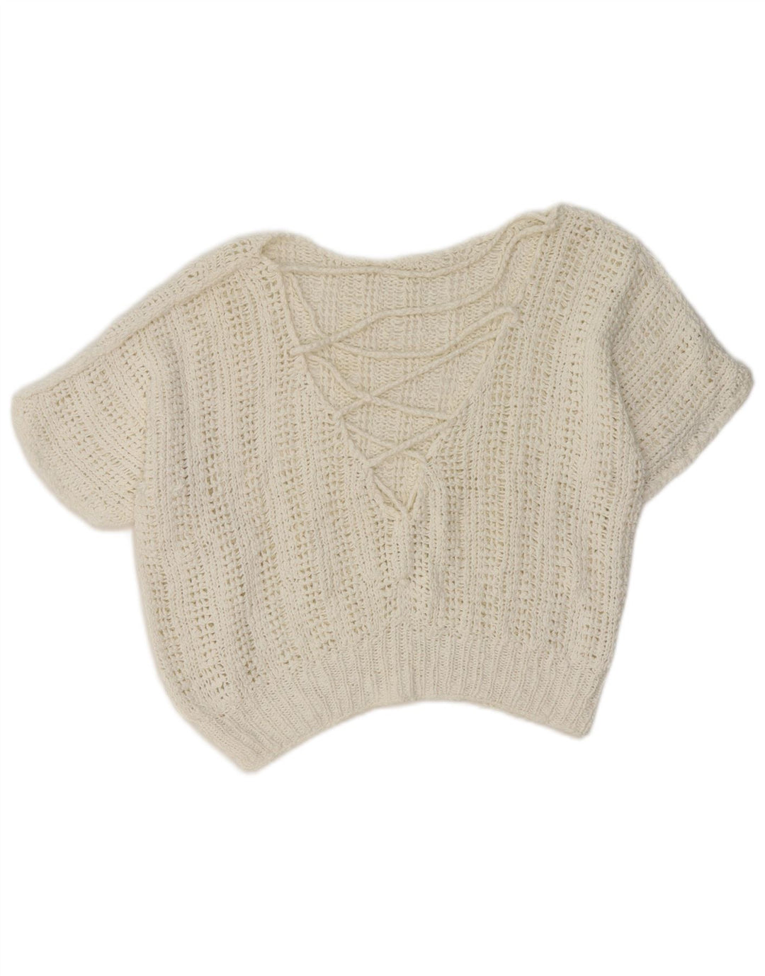 Vintage Womens Crop Kortærmet V-hals Jumper Sweater UK 14 Medium White