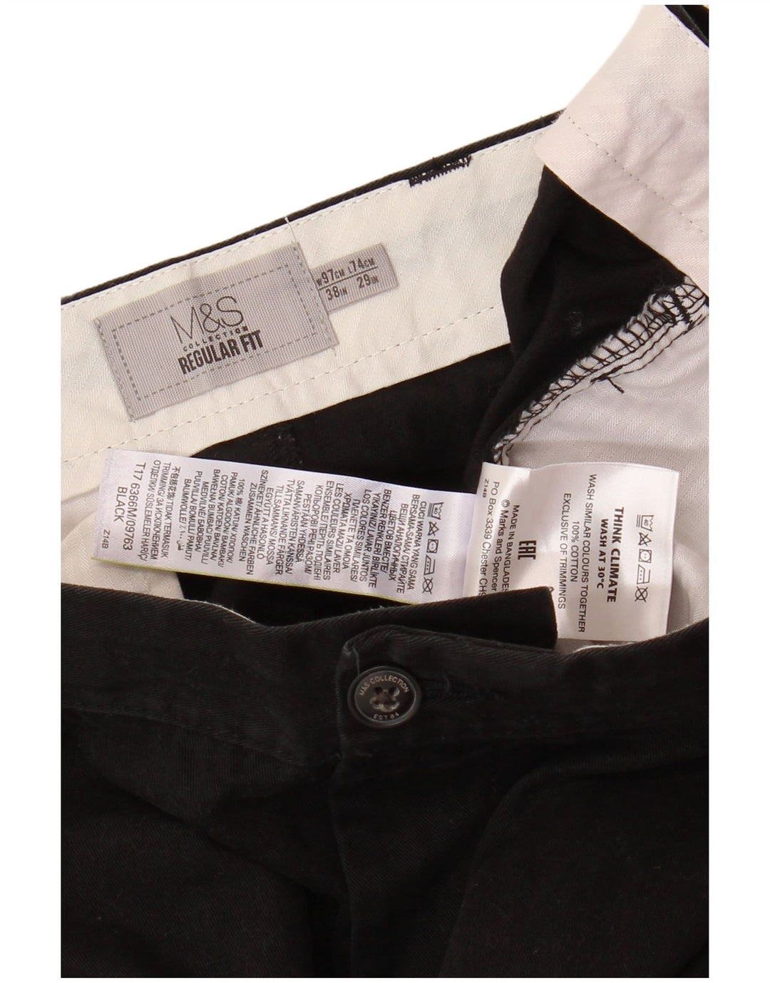 MARKS & SPENCER Herre Regular Fit Straight Chino Bukser W38 L29 Sort