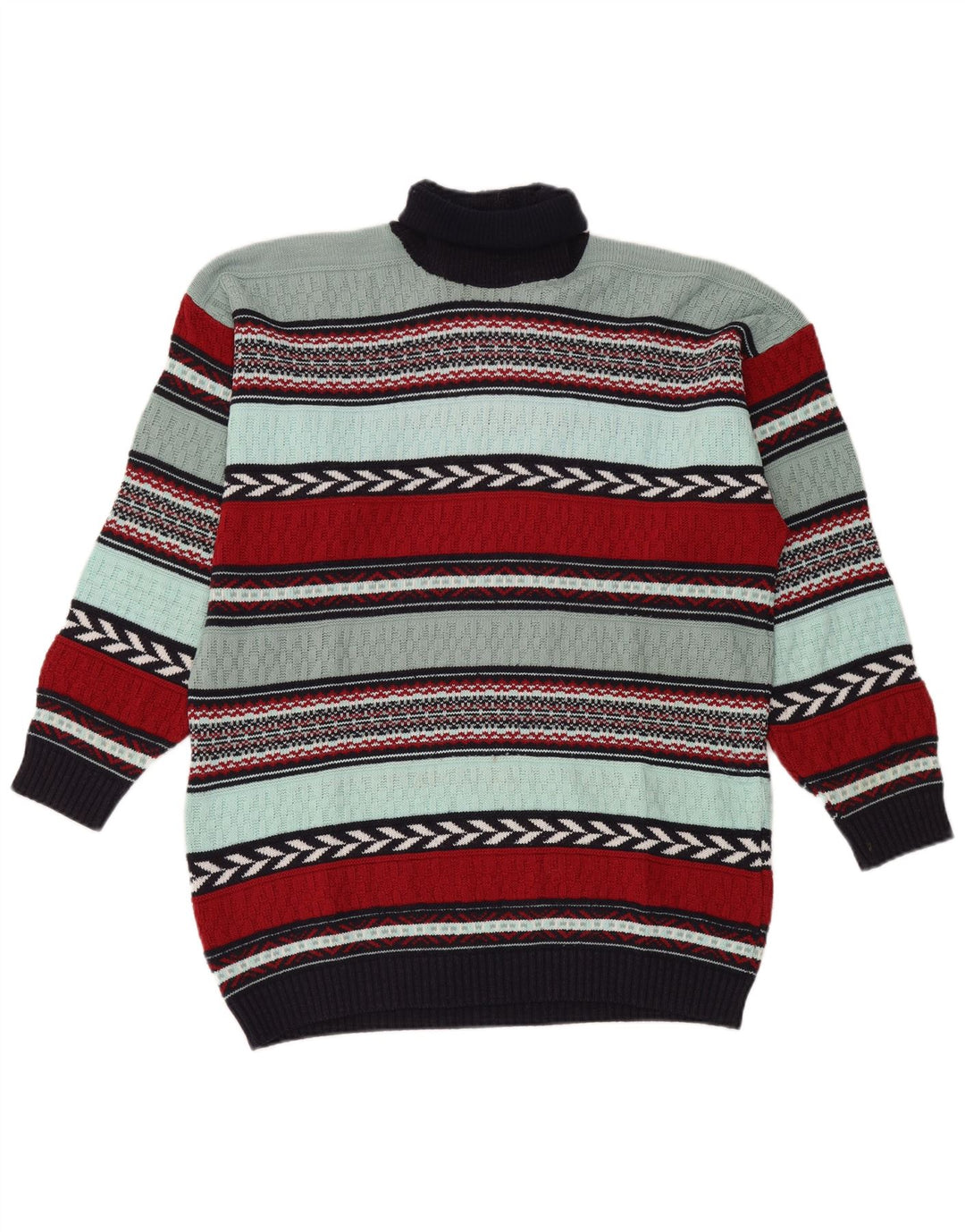 Vintage Herre rullehals sweater stor flerfarvet stribet uld