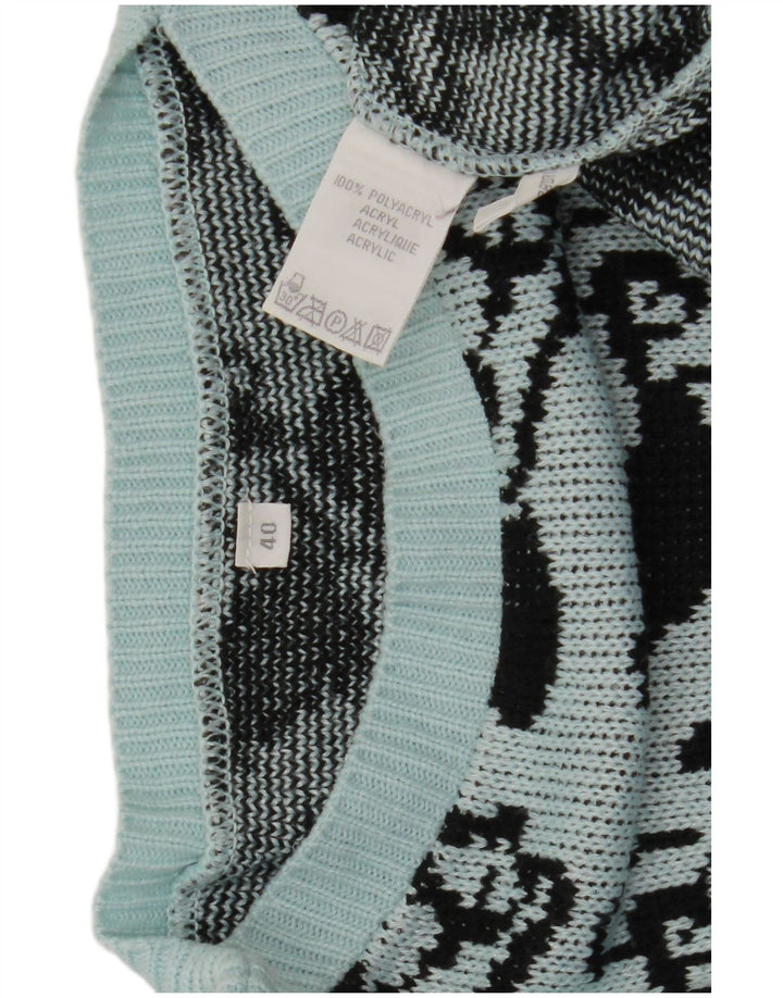 Vintage kvinders abstrakt mønster bådhals sweater EU 40 Medium Blue