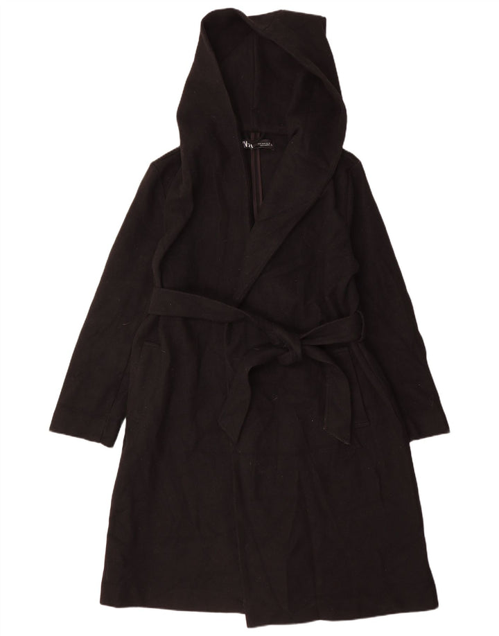 Zara Dame Hætte Overfrakke UK 14 Medium Sort Polyester
