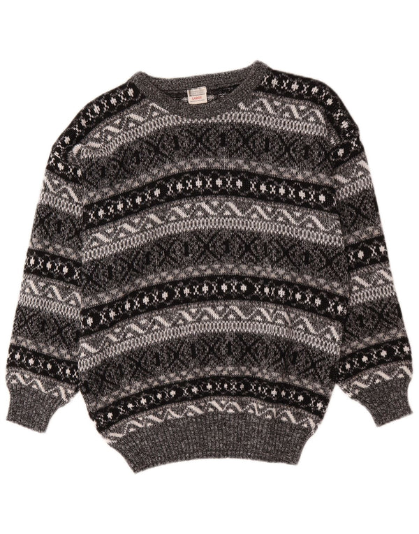 Vintage Dame Boat Neck Jumper Sweater UK 16 Large Grey Fair Isle Akryl