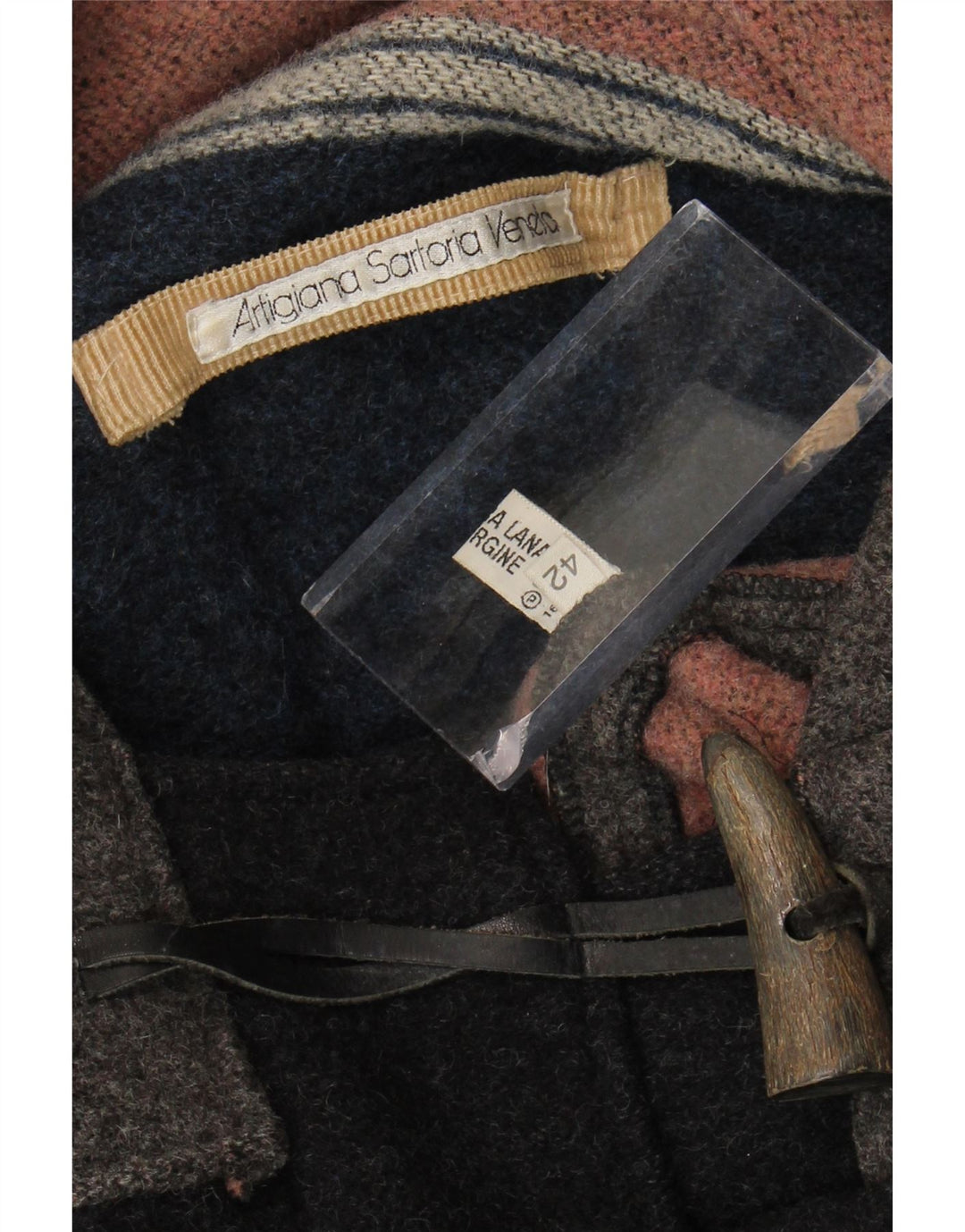 Vintage Herre Hooded Duffel Coat IT 42 XL Grå Colourblock Virgin Wool