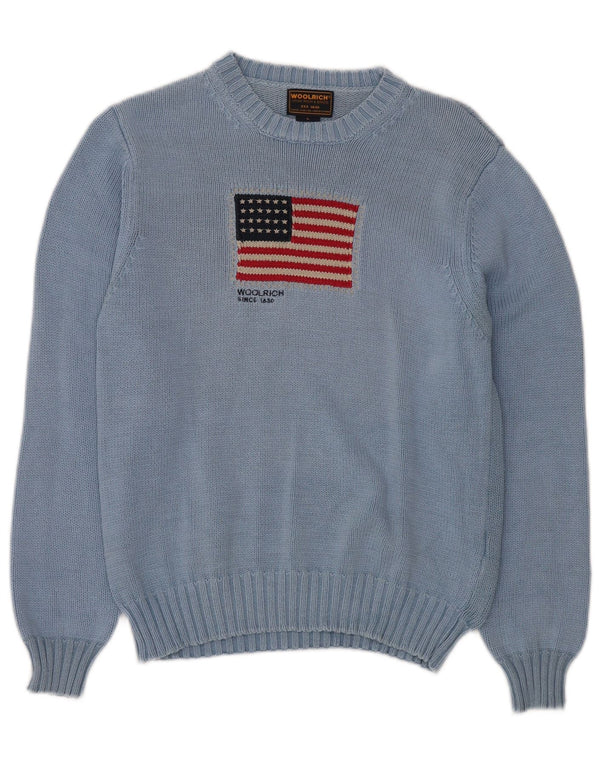 WOOLRICH Dame USA Grafisk Crew Neck Jumper Sweater UK 14 Large Blue