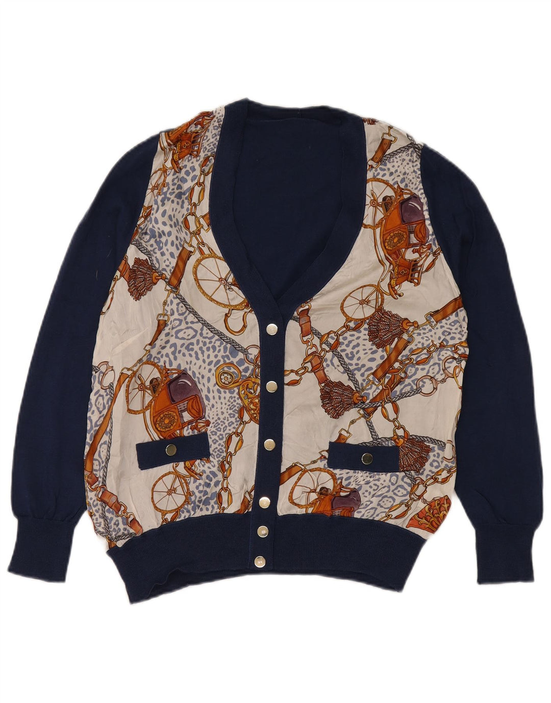 Vintage kvinders abstrakt mønster cardigan sweater UK 16 Large Navy Blue