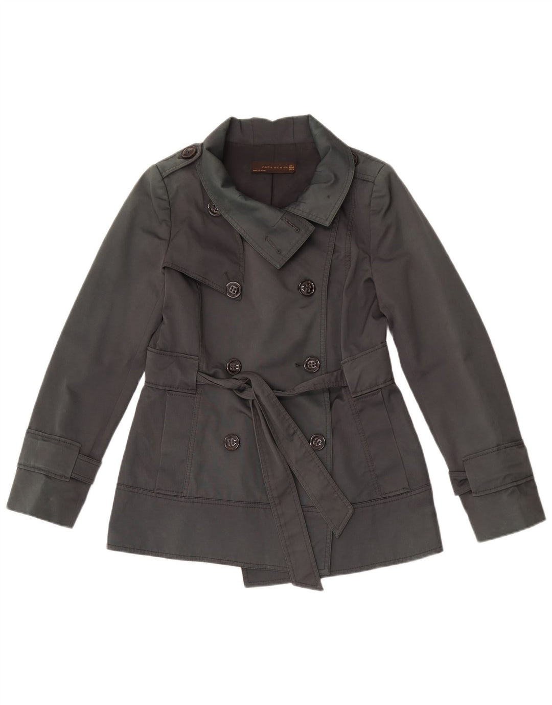 Zara Dame Kort Dobbeltradet Trench Coat UK 14 Medium Grå Bomuld
