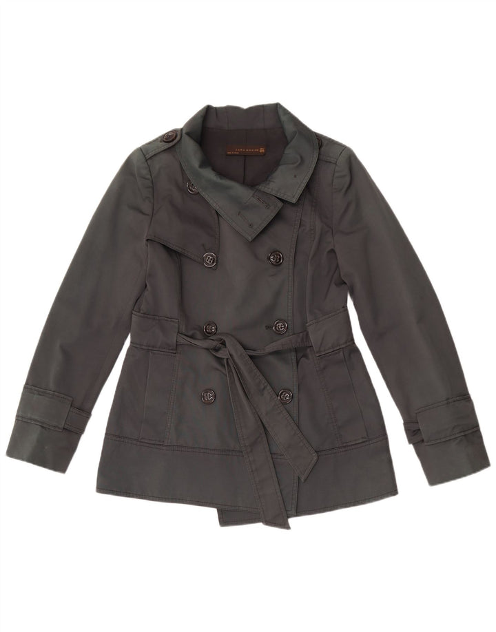 Zara Dame Kort Dobbeltradet Trench Coat UK 14 Medium Grå Bomuld
