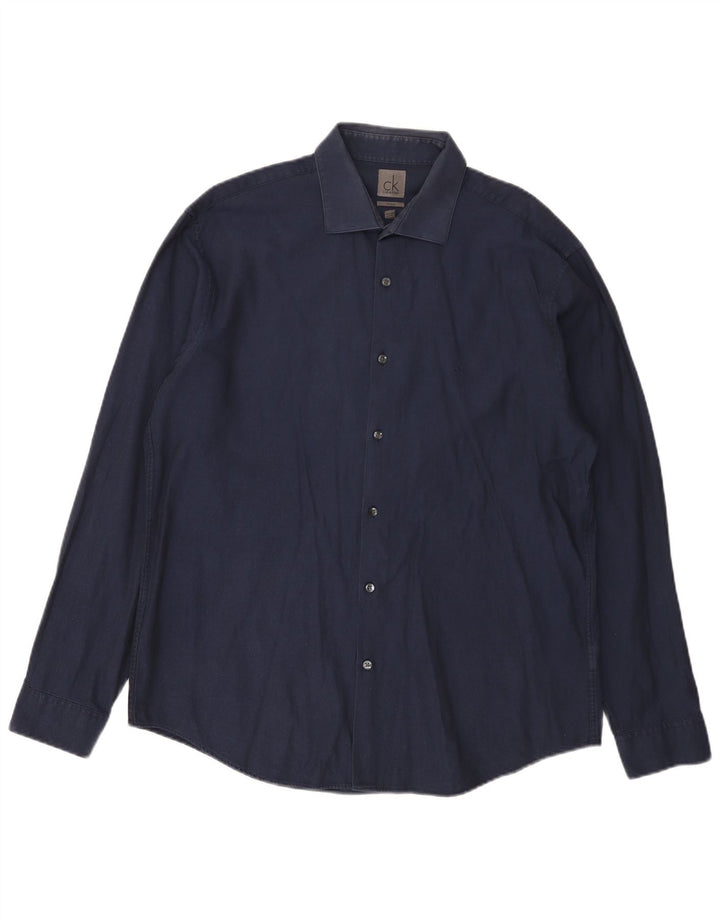 Calvin Klein Herre Fitted Shirt Størrelse 17 XL Navy Blue Cotton