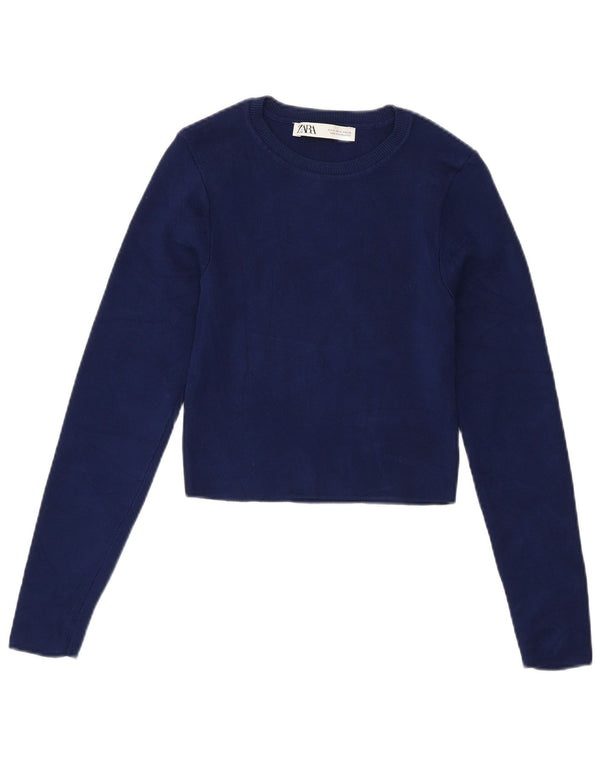Zara Womens Crop Crew Neck Jumper Sweater UK 12 Medium Navy Blue Viscose