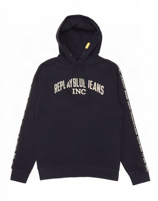 Replay Mens Graphic Hoodie Jumper 2XL Navy Blue Cotton