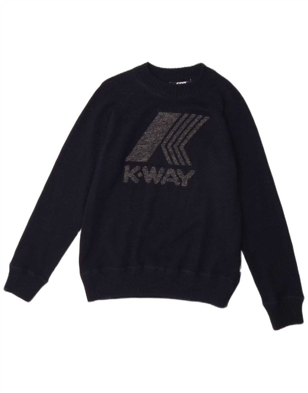 K-WAY Dame Grafisk Boat Neck Jumper Sweater UK 12 Medium Navy Blue Uld
