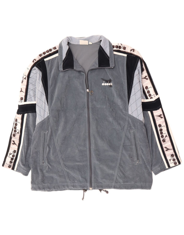 DIADORA Herre grafisk velour træningsdragt topjakke UK 46 XL Grå Colourblock