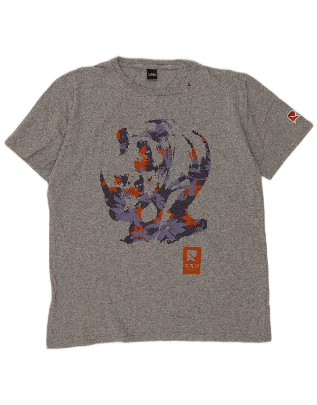 REPLAY Dame Grafisk T-Shirt Top UK 16 Large Grå