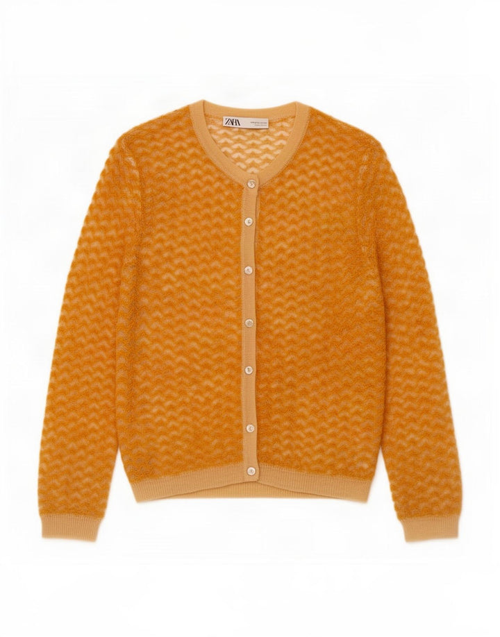 Zara Dame Cardigan Sweater UK 12 Medium Gul Nylon