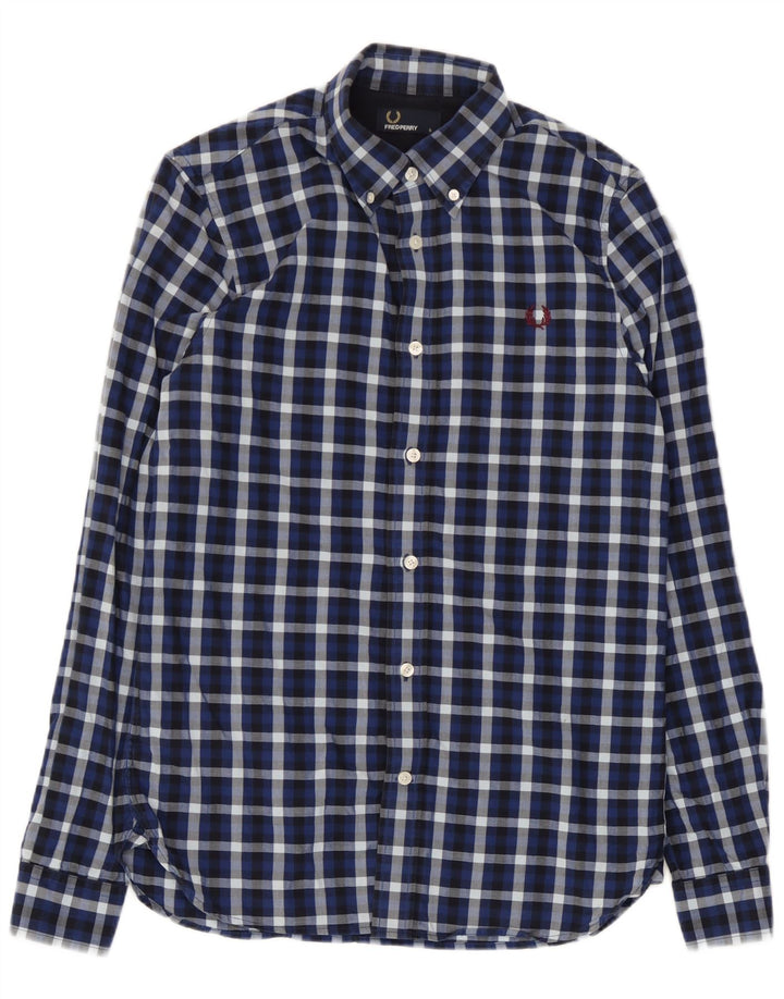 Fred Perry herreskjorte lille marineblå ternet bomuld