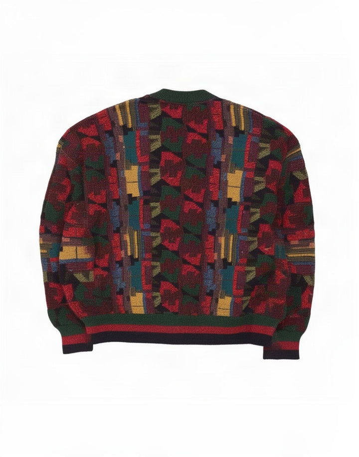 Vintage Herre V-hals sweater Medium Flerfarvet geometrisk akryl