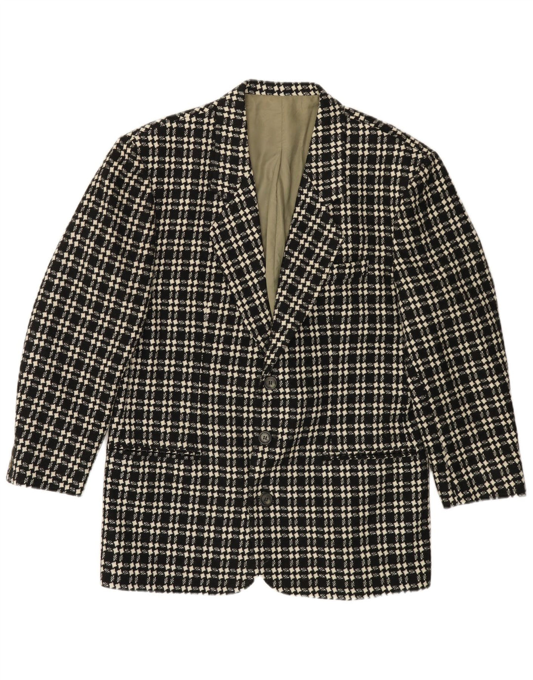VINTAGE Herre 3-knaps blazerjakke IT 48 Medium Sort Houndstooth Uld