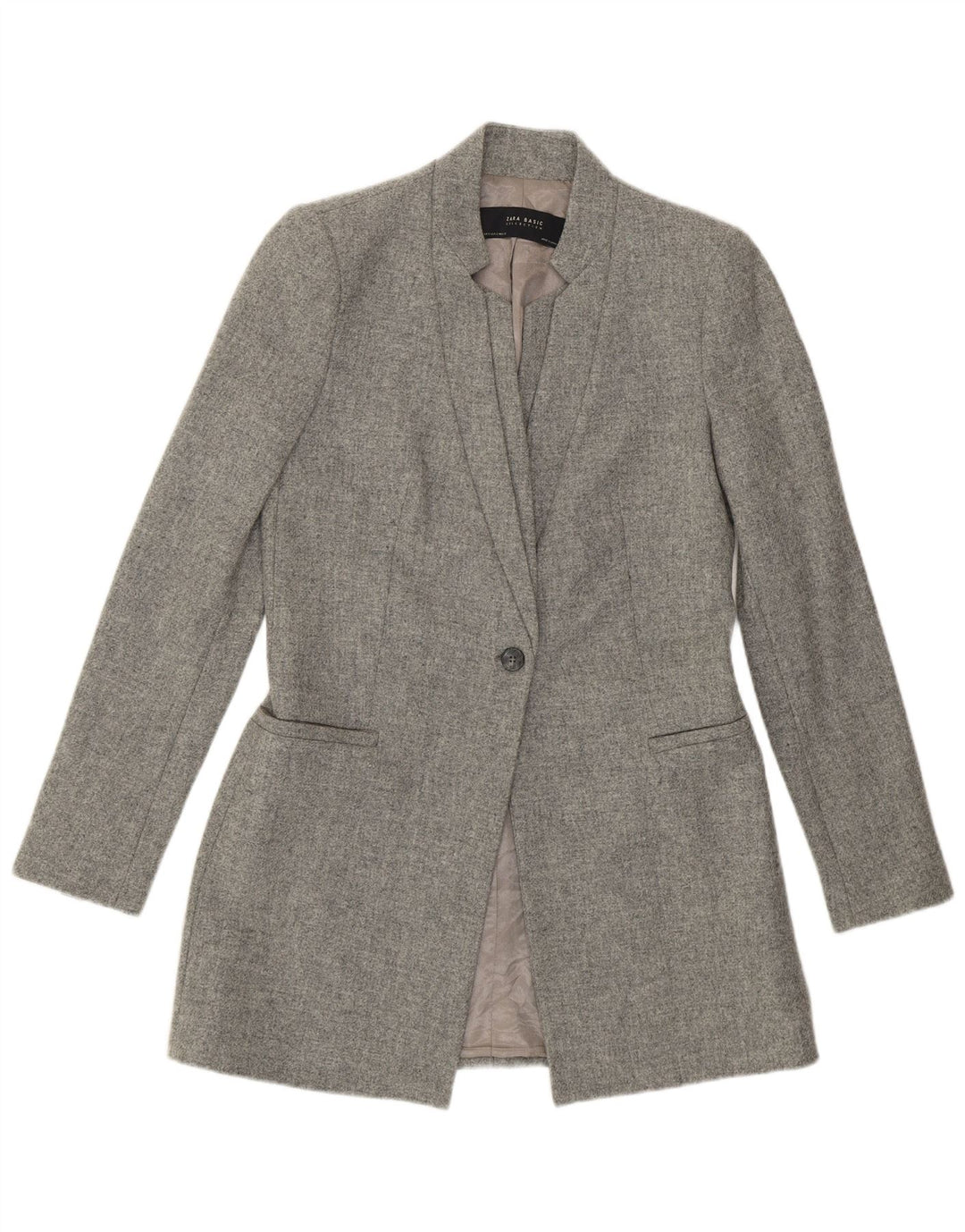 Zara Womens Longline 1-knap blazerjakke UK 10 Small Grey Flecked Wool