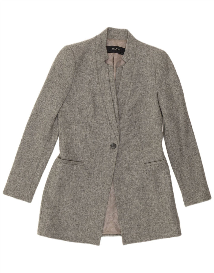 Zara Womens Longline 1-knap blazerjakke UK 10 Small Grey Flecked Wool