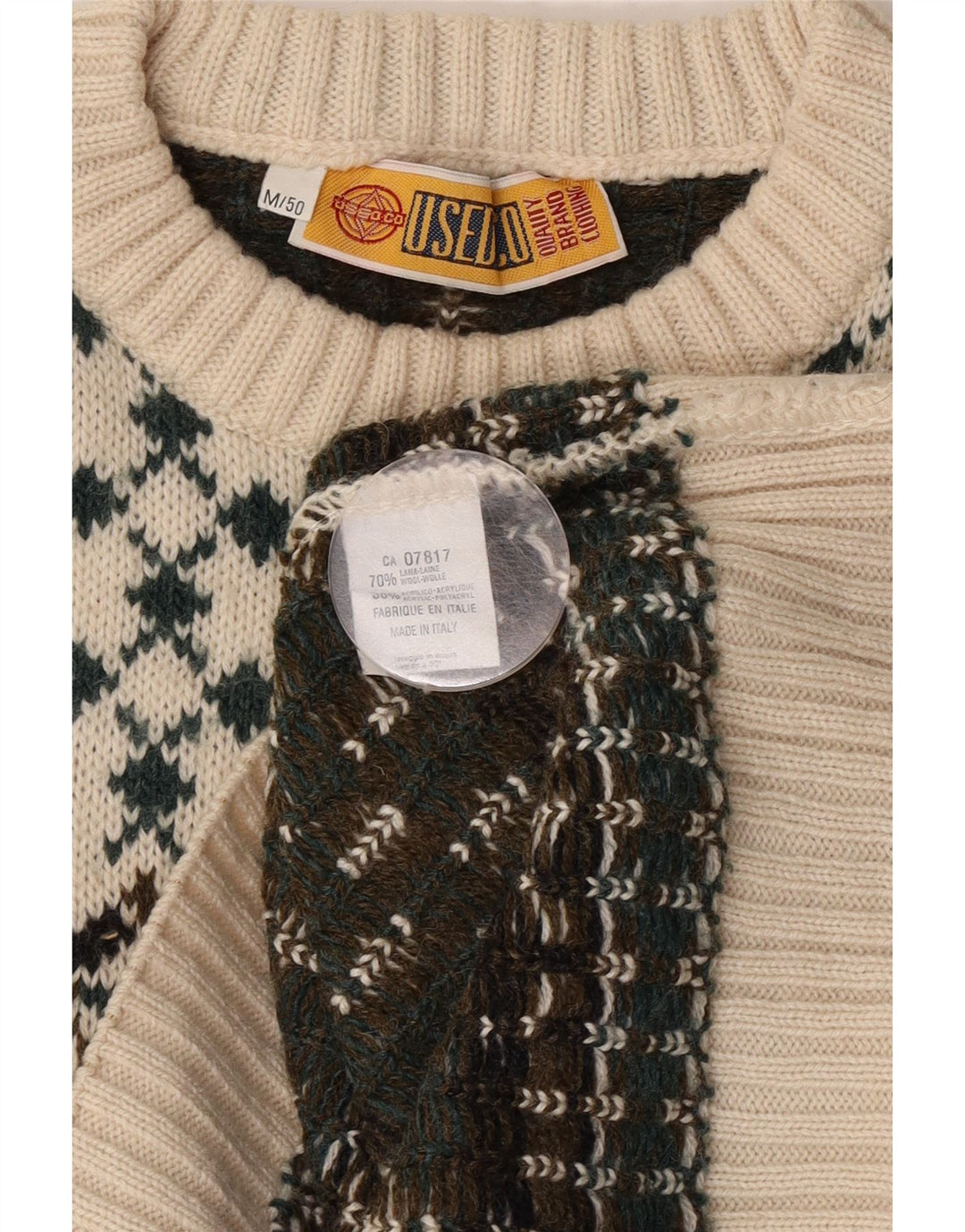 Vintage Herre Crew Neck Jumper Sweater IT 50 Medium White Fair Isle Wool