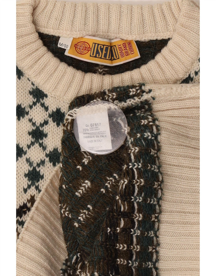 Vintage Herre Crew Neck Jumper Sweater IT 50 Medium White Fair Isle Wool