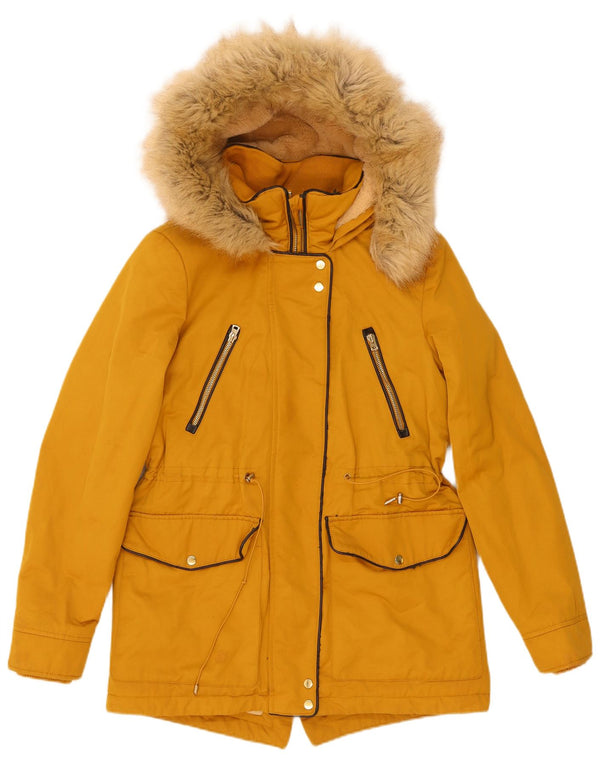 Zara Womens Hooded Sherpa Parka Jacket UK 6 XS Yellow Polyester