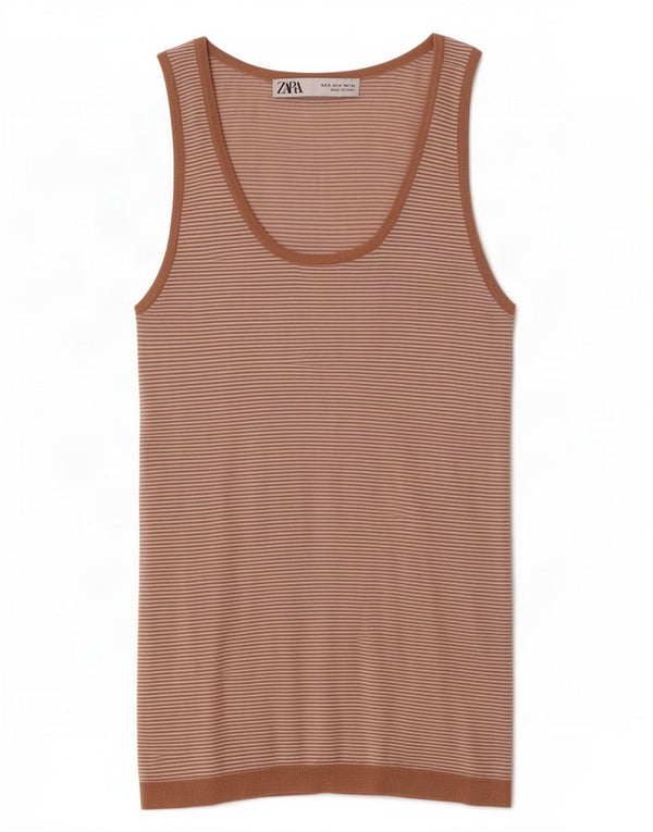 Zara Damevest Top UK 8 Small Brown Pinstripe Viscose