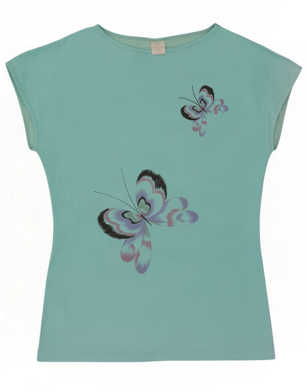 Vintage Dame Grafisk T-Shirt Top IT 44 Medium Turkis Butterfly