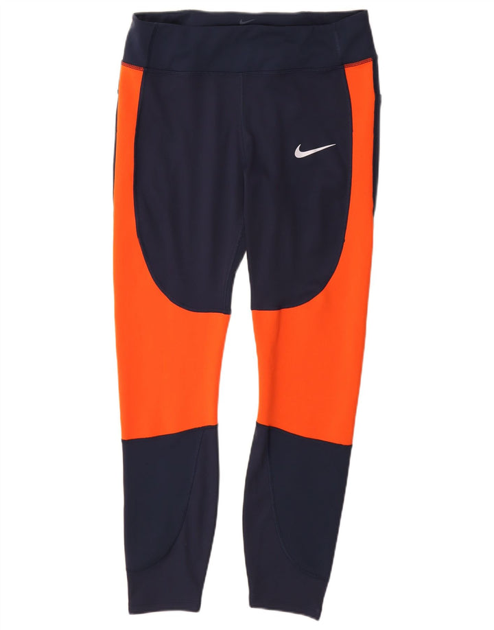 Nike Dame Leggings UK 14 Large Navy Blue Colourblock Polyester