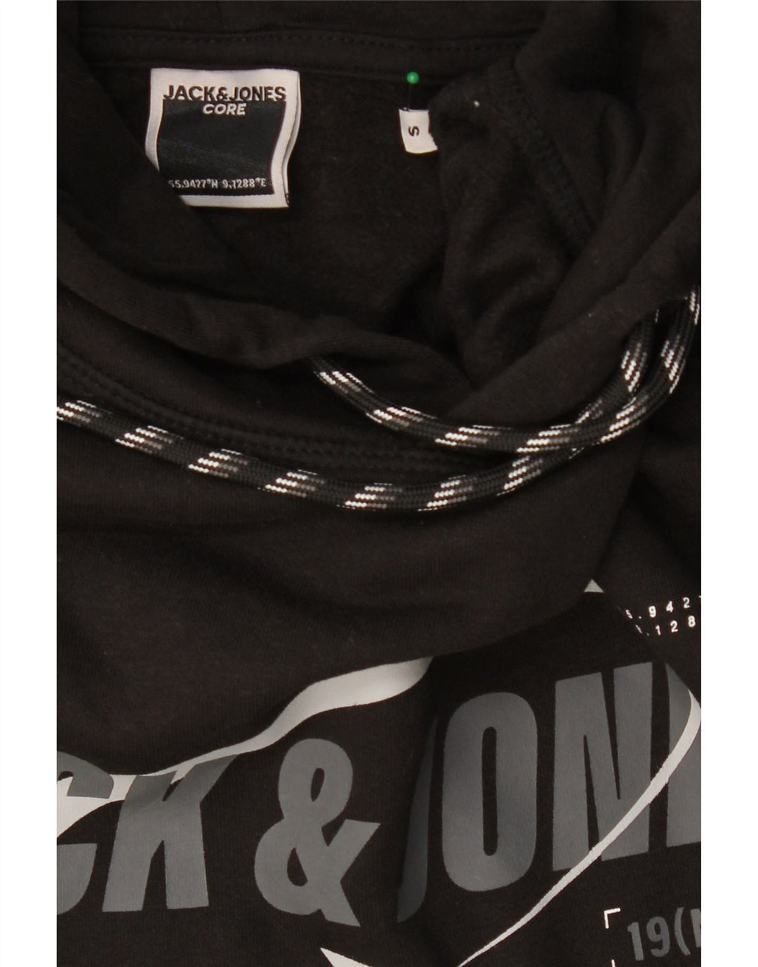 JACK & JONES Mens Graphic Hoodie Jumper Small Black Cotton Vintage Jack & Jones and Second-Hand Jack & Jones from Messina Hembry 