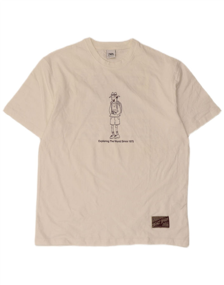Zara Herre Grafisk T-Shirt Top Lille Hvid Bomuld