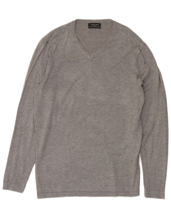 Zara Mens V-Neck Jumper Sweater Medium Grey Flecked