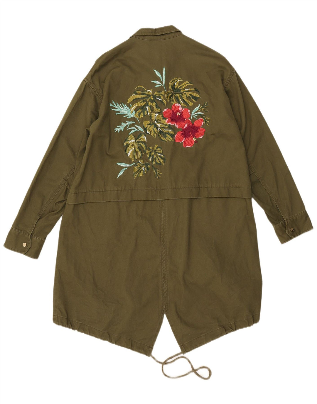 Zara Kvinder Grafisk Oversized Parka Jacket UK 6 XS Khaki Floral Polyester