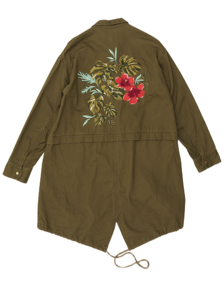 Zara Kvinder Grafisk Oversized Parka Jacket UK 6 XS Khaki Floral Polyester