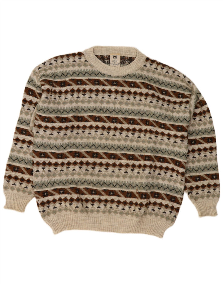Vintage herre rund hals sweater medium flerfarvet geometrisk