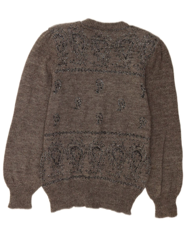 Vintage dame sweater med rund hals DK 14 Medium Grå Paisley