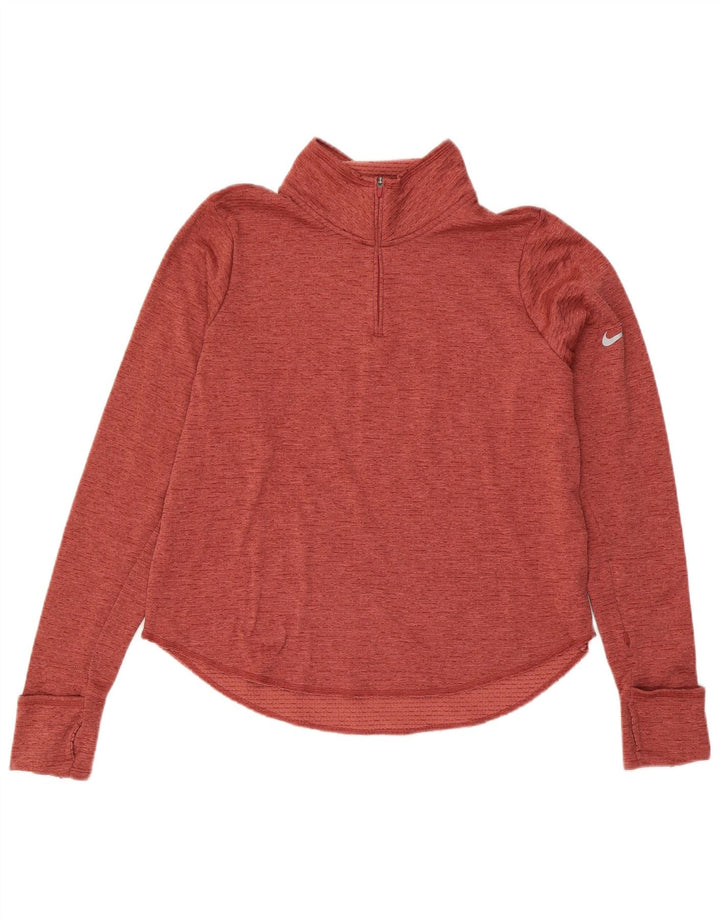 Nike Dame Dri Fit Pullover med lynlås-hals Træningsdragt Top UK 16 Large Rød Flecked