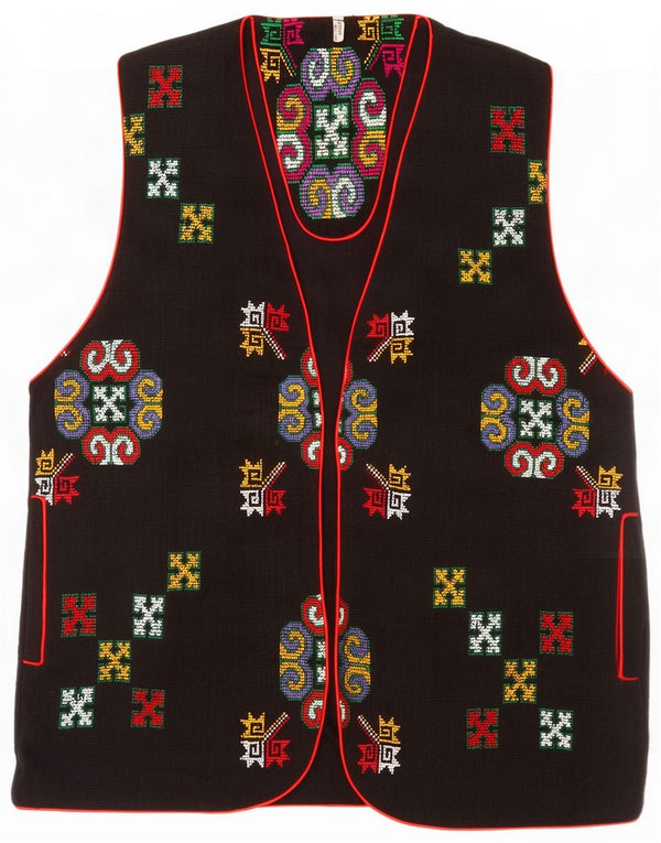 Vintage Womens OPEN Waistcoat UK 14 Medium Black Geometric Cotton