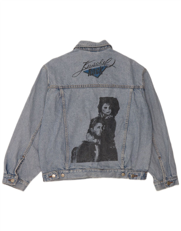 VINTAGE Herre grafisk denimjakke UK 36/38 Lille blå bomuld
