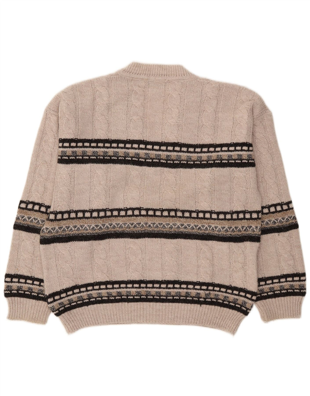 VINTAGE Mens V-Neck Jumper Sweater Large Grey Striped Wool