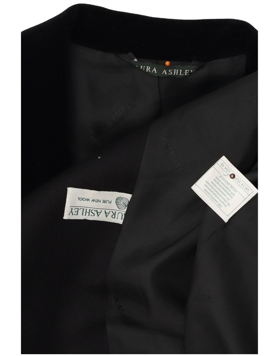 LAURA ASHLEY Dame Longline 4-knaps blazerjakke UK 14 Stor sort uld