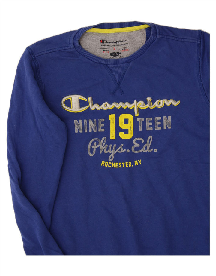 CHAMPION Boys Graphic Sweatshirt Jumper 11-12 Years Large Blue Cotton Vintage Champion and Second-Hand Champion from Messina Hembry 